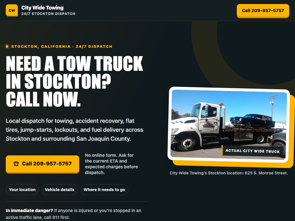 The new City Wide Towing call-conversion landing page